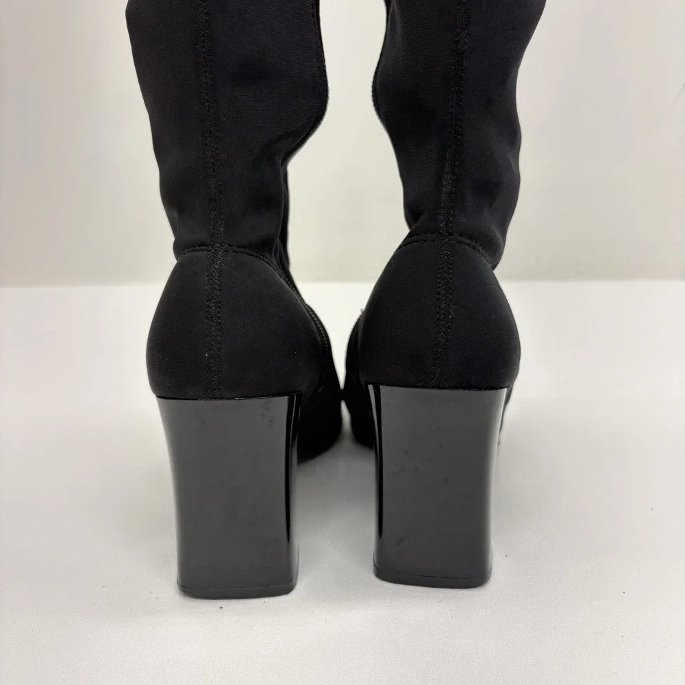 Wesley & Co Vintage 90s Y2K Black Sock Boots Knee High Square Toe Chunky Heel 6 - Picture 7 of 12